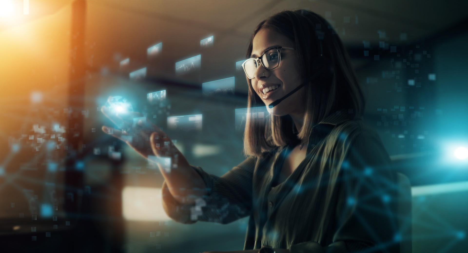 Creative businesswoman, hologram and digital transformation or icons at night in double exposure. Female employee working with big data, research or networking for future innovation in online startup